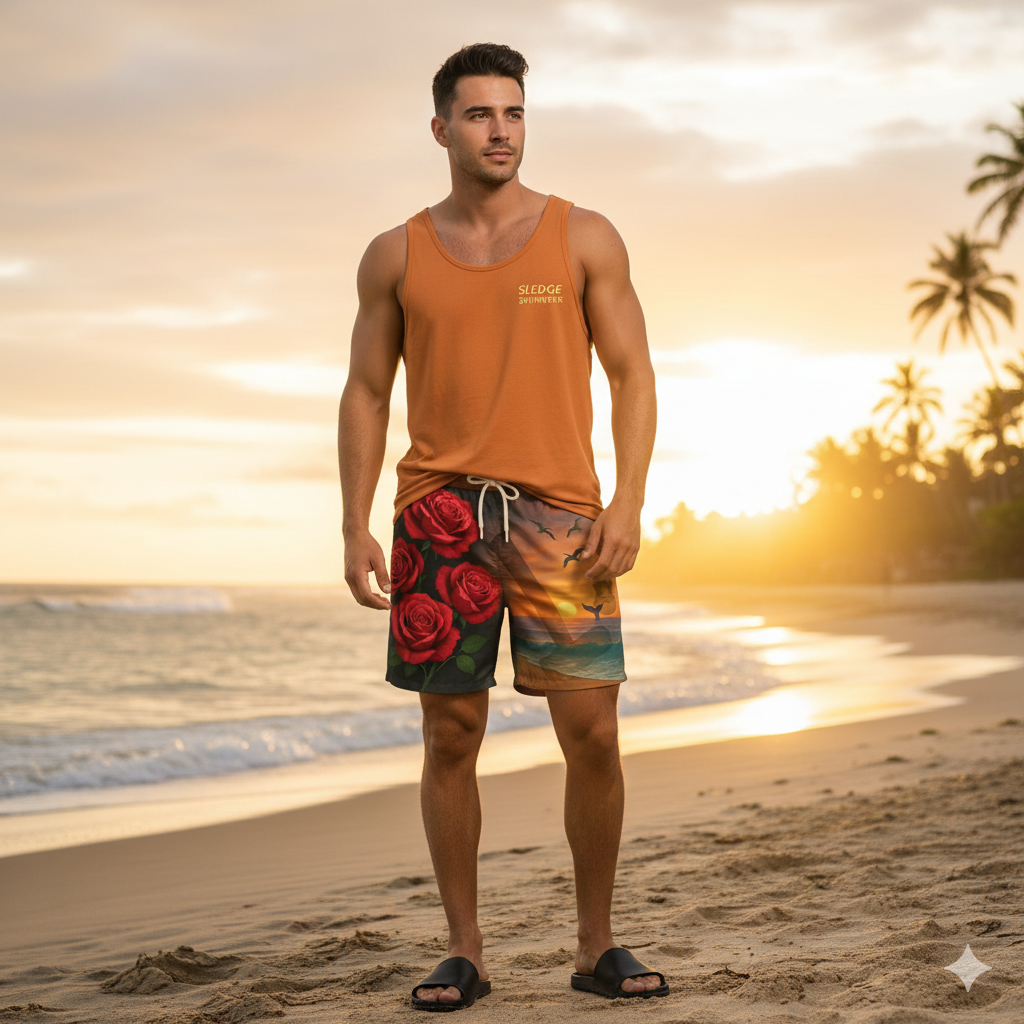 Men's Artistic Swim Shorts - Roses & Sunset Design