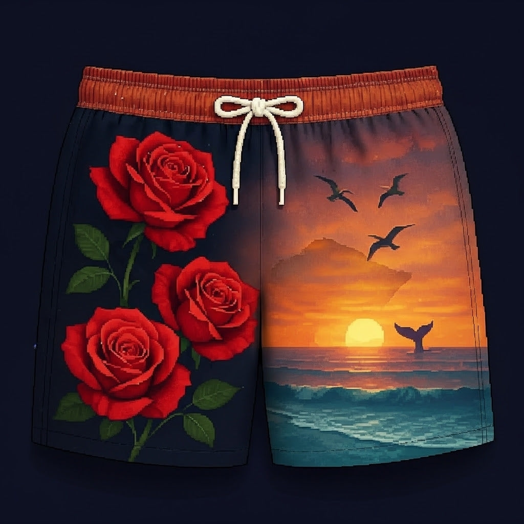 Men's Artistic Swim Shorts - Roses & Ocean Sunset Split Design