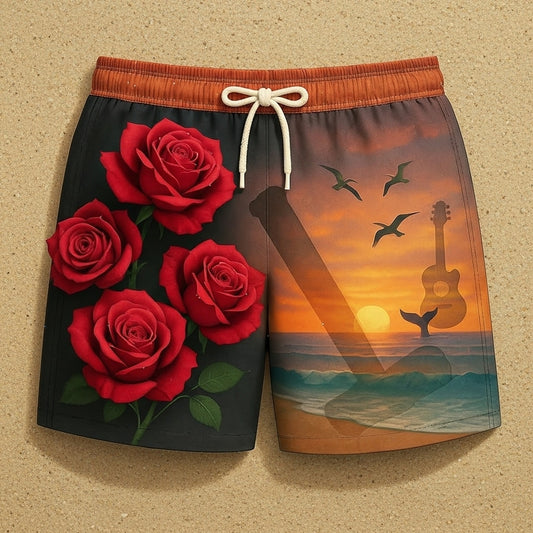 Men's Artistic Swim Shorts - Roses & Sunset Design