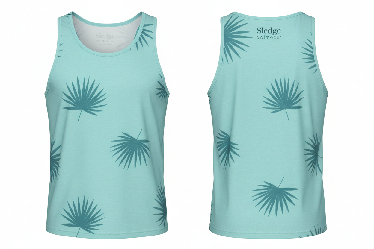 Aqua tank with subtle tropical print front and back