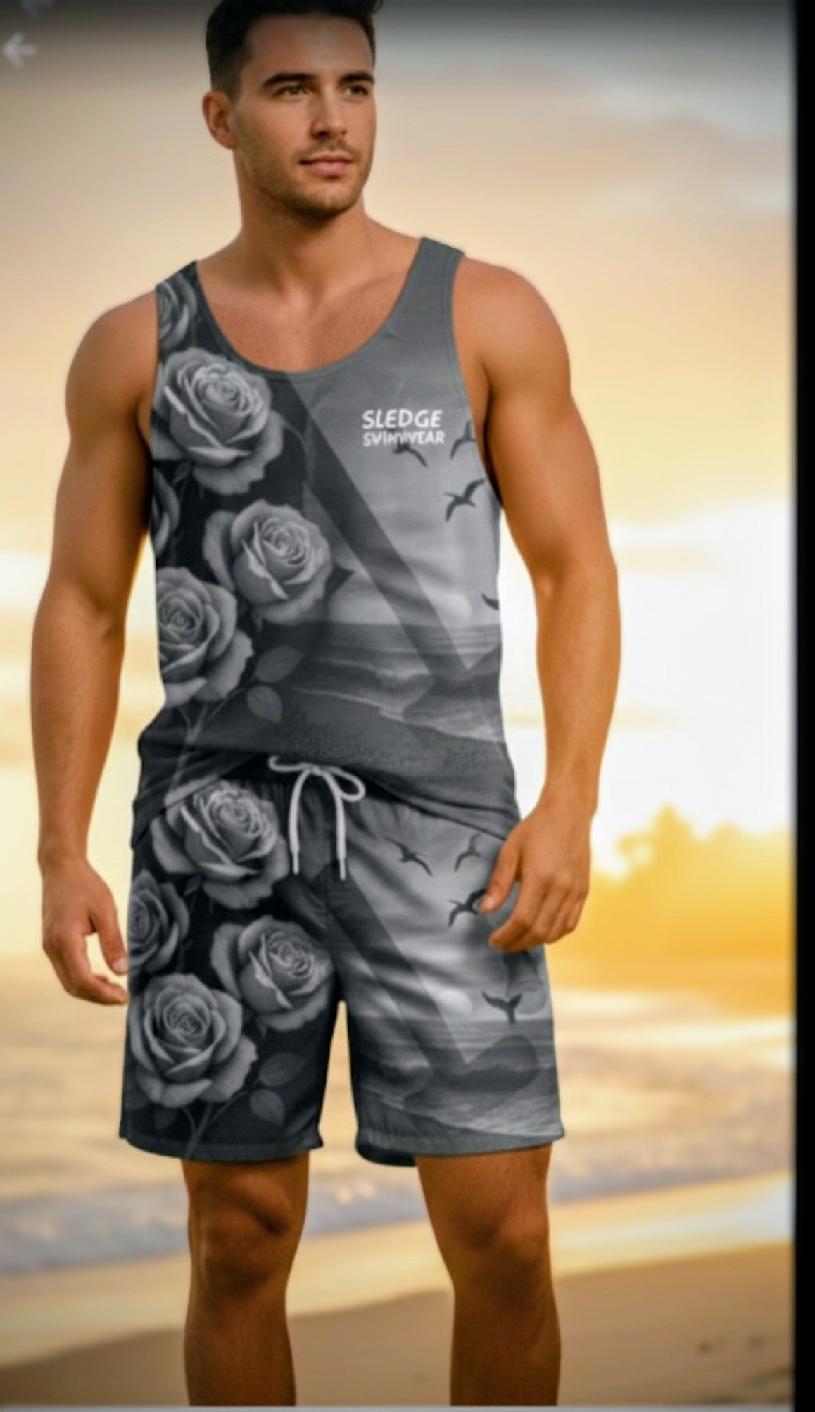 Men's Artistic Swim Shorts - Roses & Sunset Design