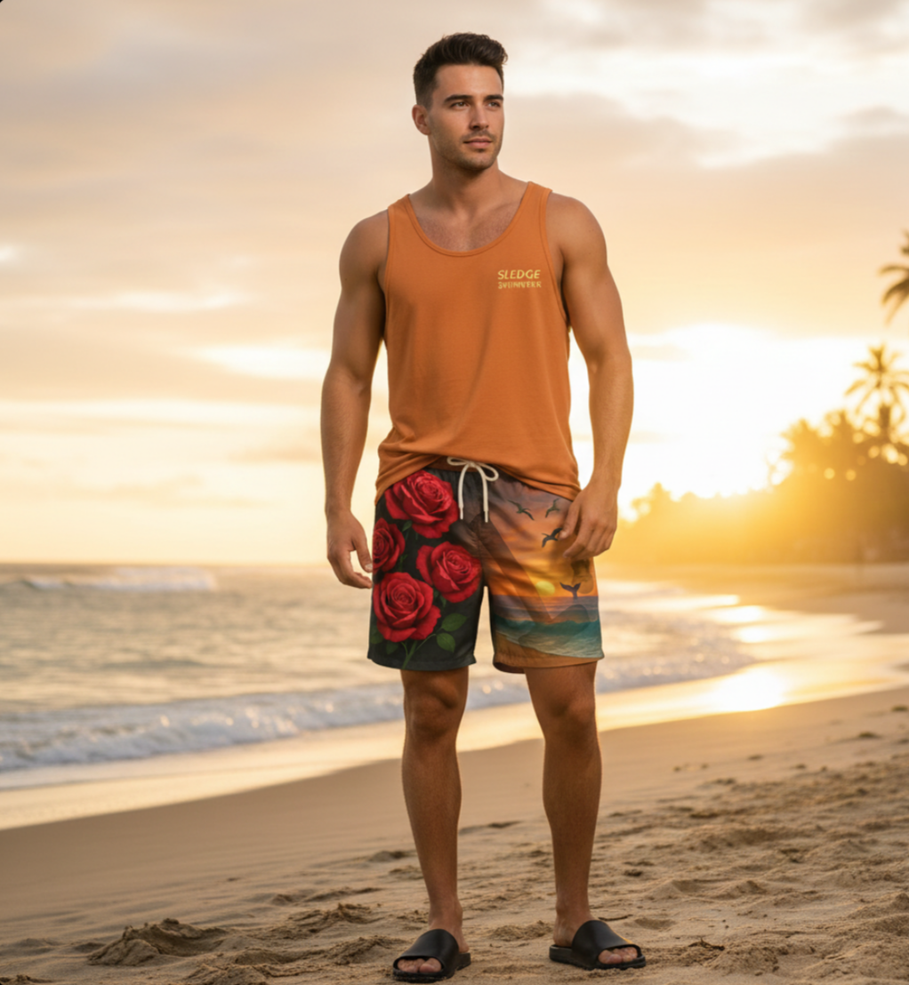Men's Artistic Swim Shorts - Roses & Sunset Design