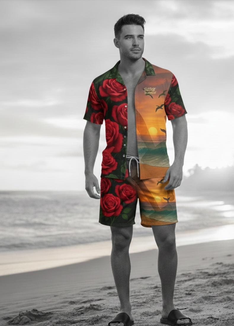 Men's Artistic Swim Shorts - Roses & Sunset Design